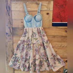 Denim Bustier Floral Midi Dress - Pink Floral